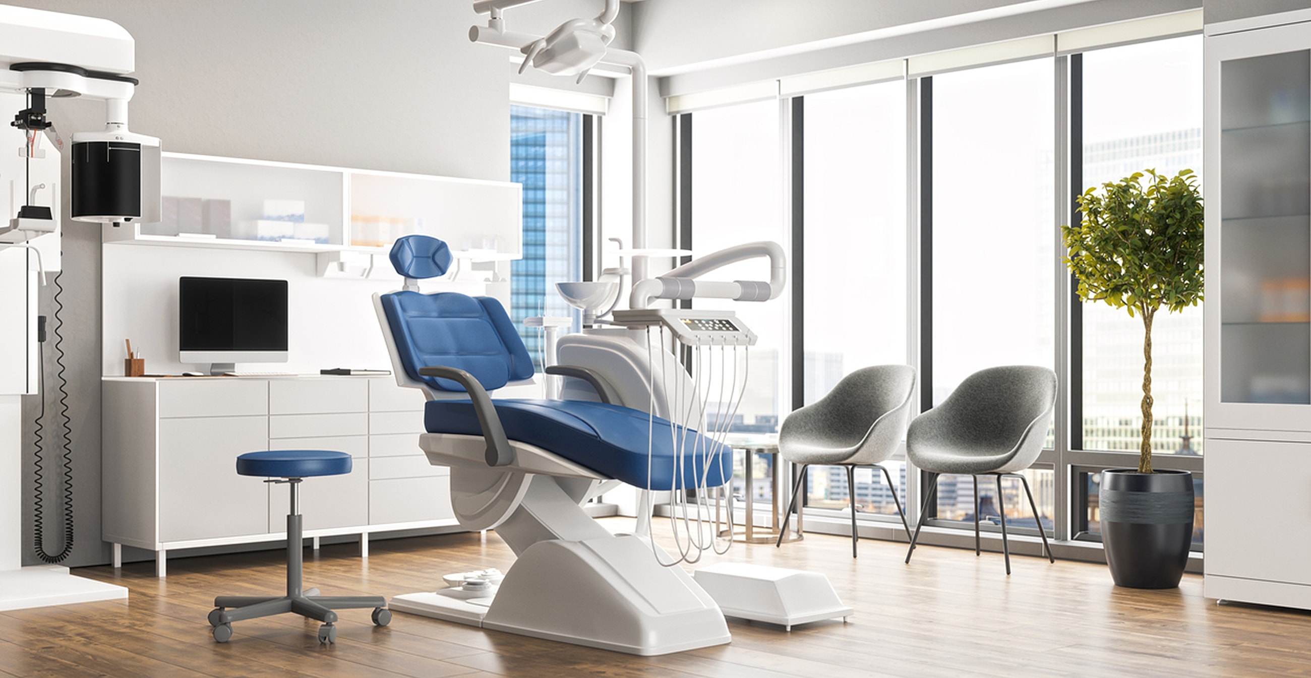 Modern dental office interior with equipment.